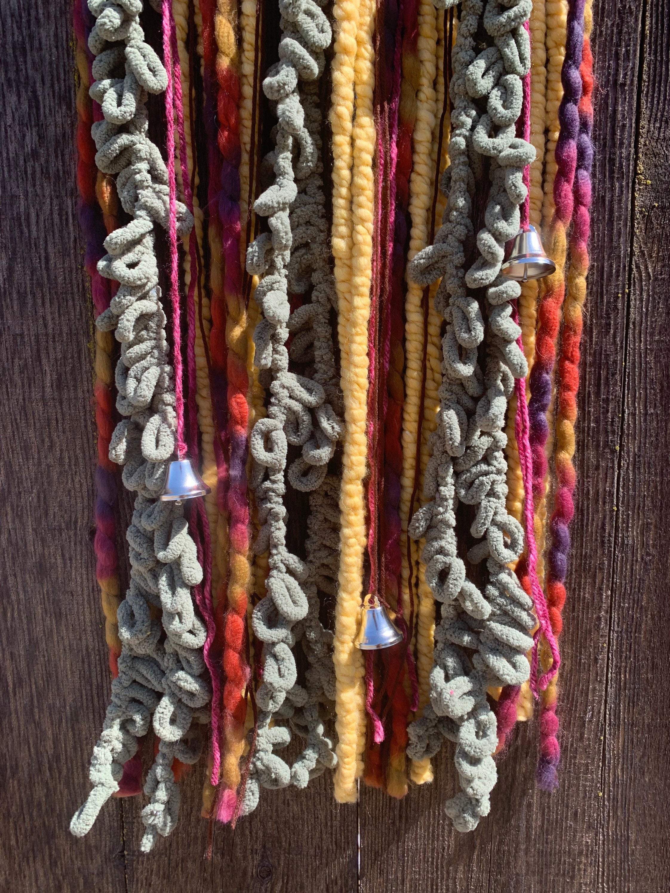 Handmade Earthy Driftwood Wall Hanging Decor with Bells, Yarn and